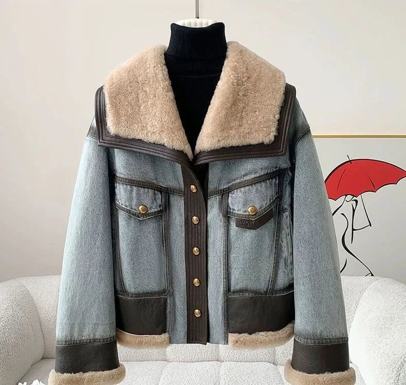 High Quality Denim Women’s Winter Jackets With Natural Sheep Leather with Fur Collar White Goose Down Liningm
