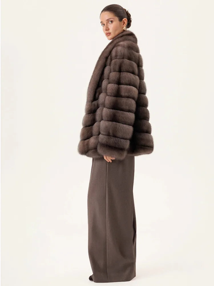 DFDG Winter 2025 Women’s Lavender Mink Fur Coat Short Scarf Collar Notch Lapel Jacket Luxury Designer Faux Fur Outerwear Coat