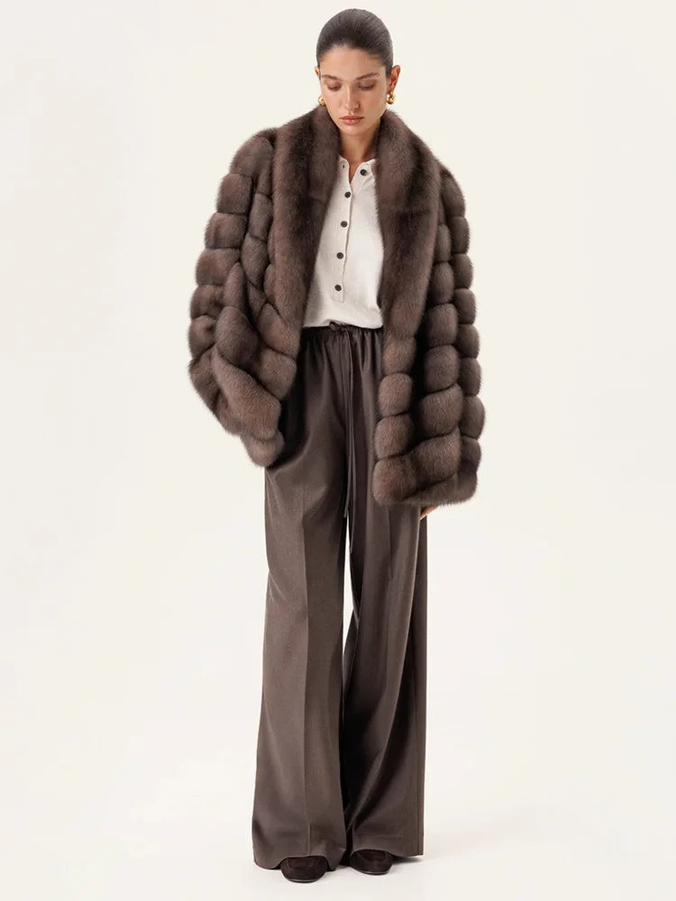 DFDG Winter 2025 Women’s Lavender Mink Fur Coat Short Scarf Collar Notch Lapel Jacket Luxury Designer Faux Fur Outerwear Coat