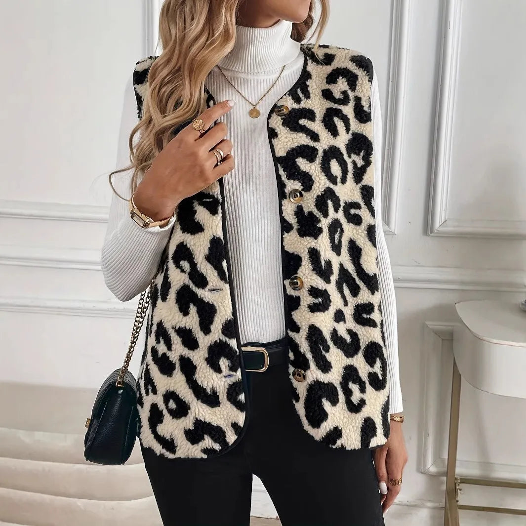 Autumn Winter New in Leopard Print Button Plush Fashion Vest Casual Simple Round Neck Jacket Vest Women's Clothing Top