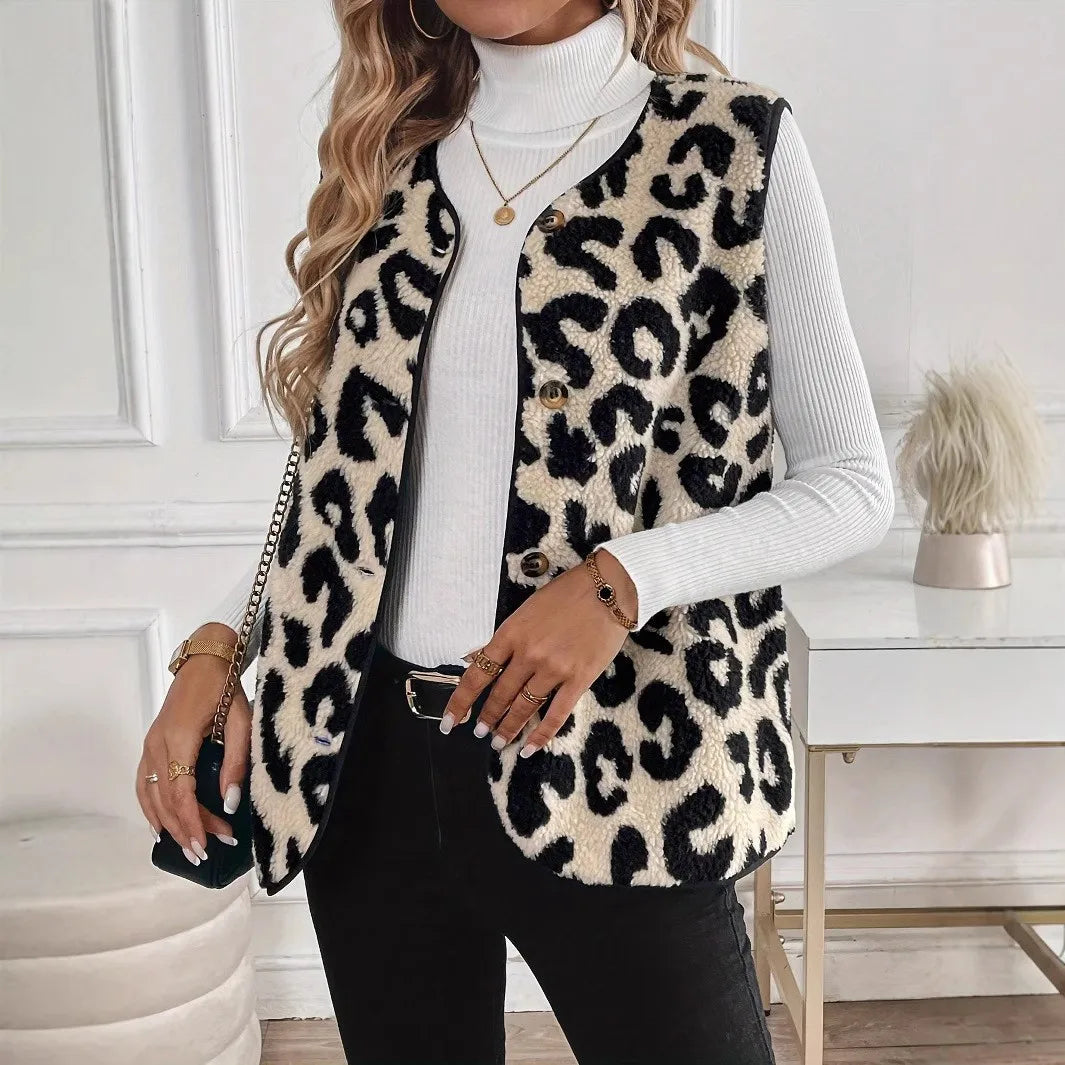 Autumn Winter New in Leopard Print Button Plush Fashion Vest Casual Simple Round Neck Jacket Vest Women's Clothing Top