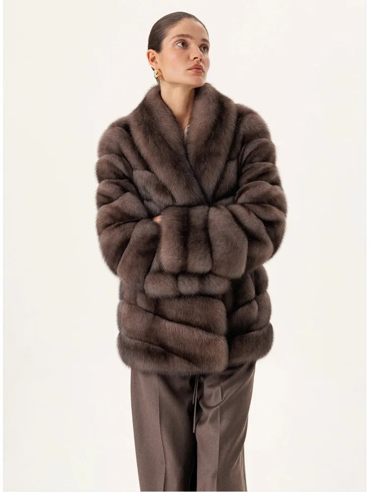 DFDG Winter 2025 Women’s Lavender Mink Fur Coat Short Scarf Collar Notch Lapel Jacket Luxury Designer Faux Fur Outerwear Coat