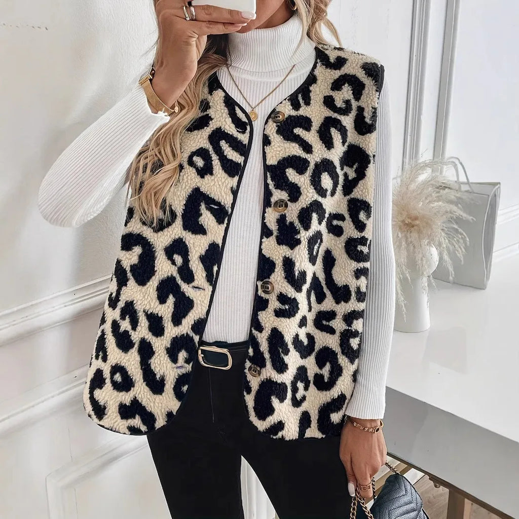 Autumn Winter New in Leopard Print Button Plush Fashion Vest Casual Simple Round Neck Jacket Vest Women's Clothing Top