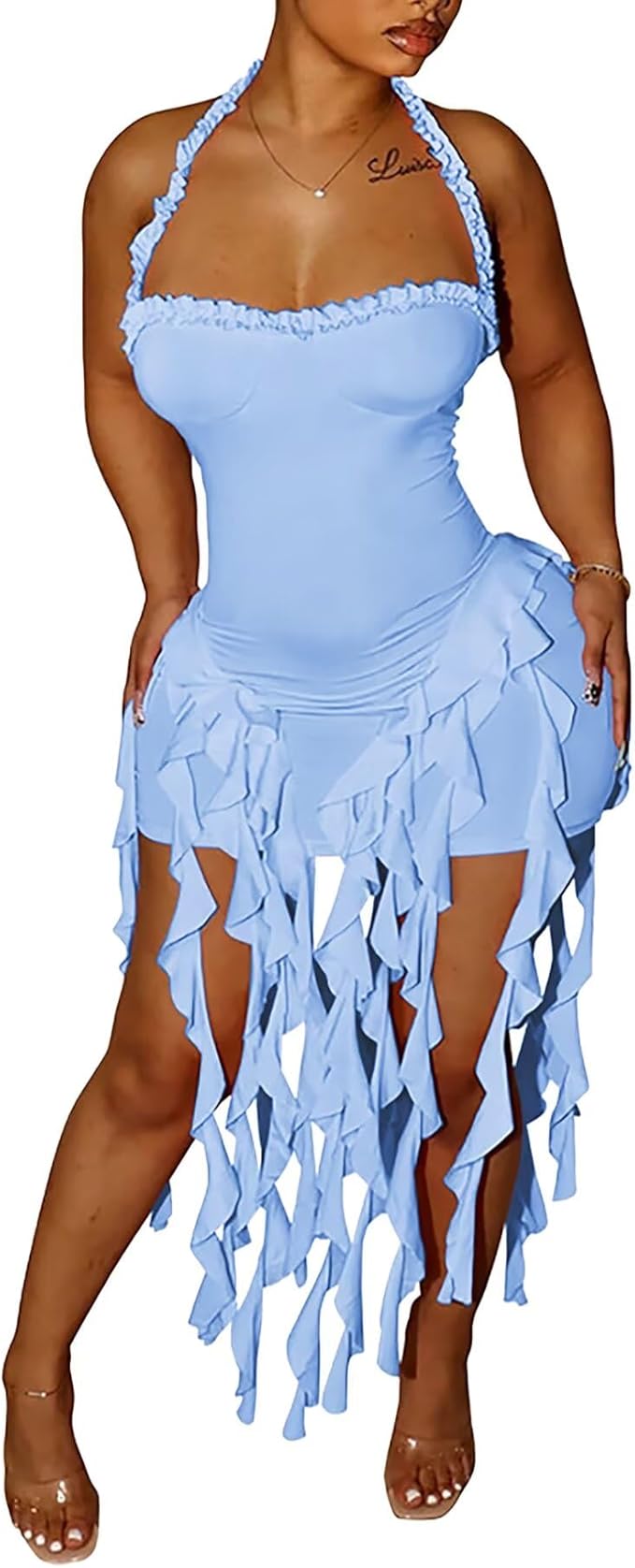 Aro Lora Womens Sexy Halter Neck Sleeveless Ruffle Tassel Party Club Bodycon Mini Dress - Shop VielShop Viel