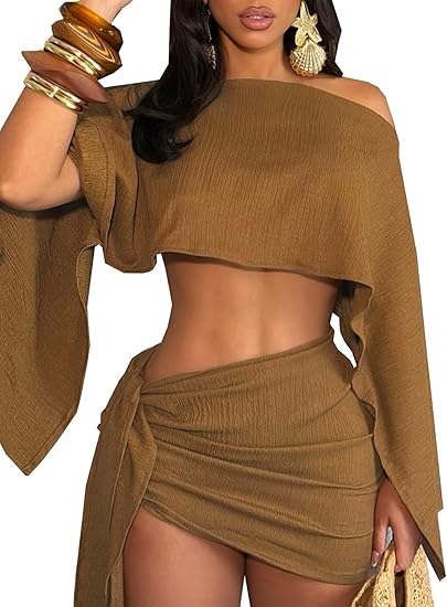 Women's 2 Piece Outfits Batwing Off Shoulder Irregular Crop Top and Mini Skirt Set Sexy Matching Sets - Shop VielShop Viel
