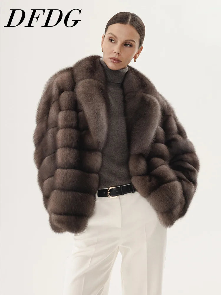 DFDG Winter 2025 Women’s Lavender Mink Fur Coat Short Scarf Collar Notch Lapel Jacket Luxury Designer Faux Fur Outerwear Coat